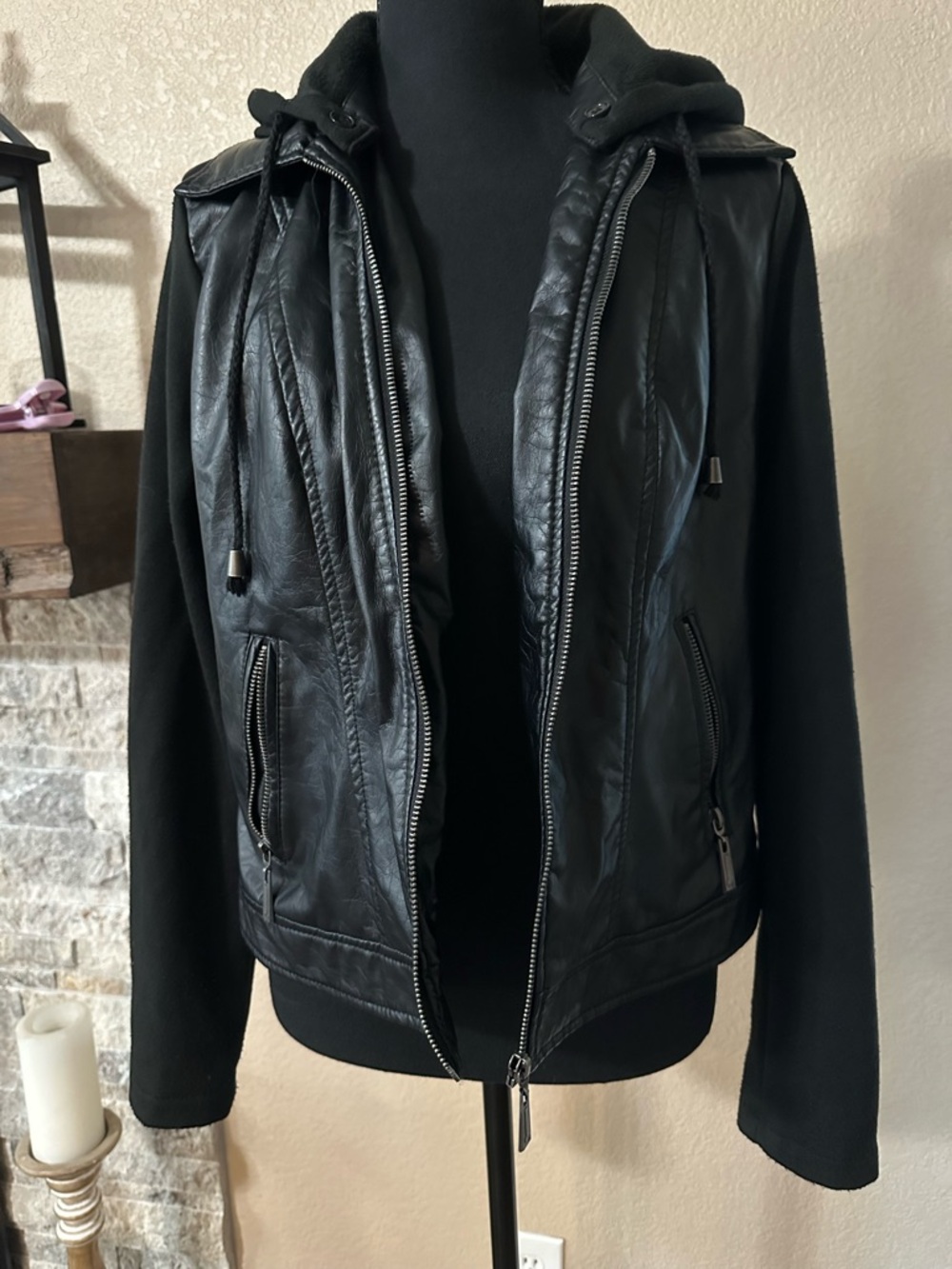 J2 black faux leather jacket removable hood sweatshirt arms women’s L